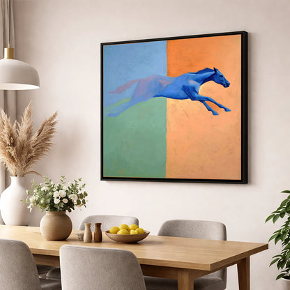Cobalt Stretch racing horse wall art displayed in a dining room