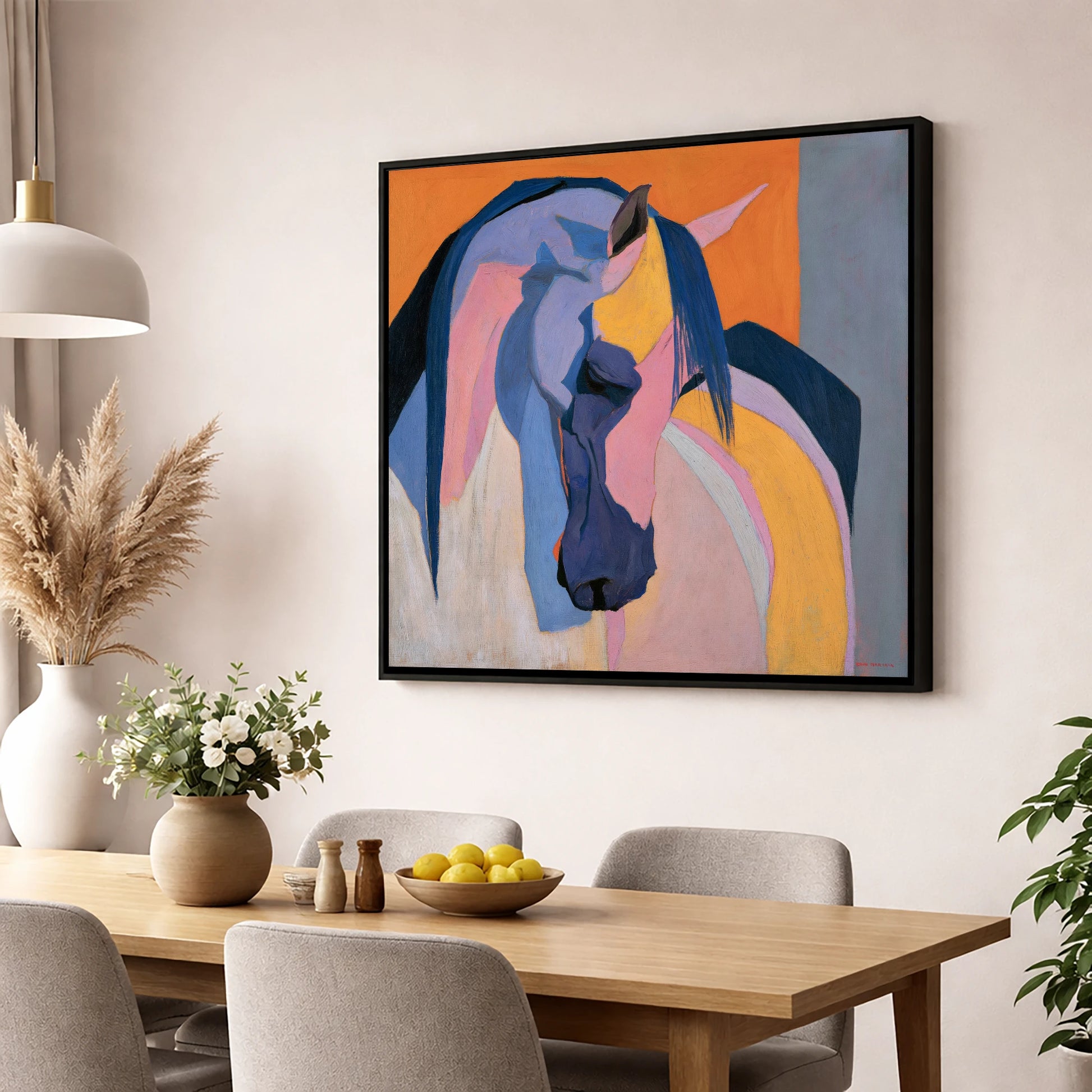 Colourful Abstract Horse Profile horse breed wall art displayed in a dining room