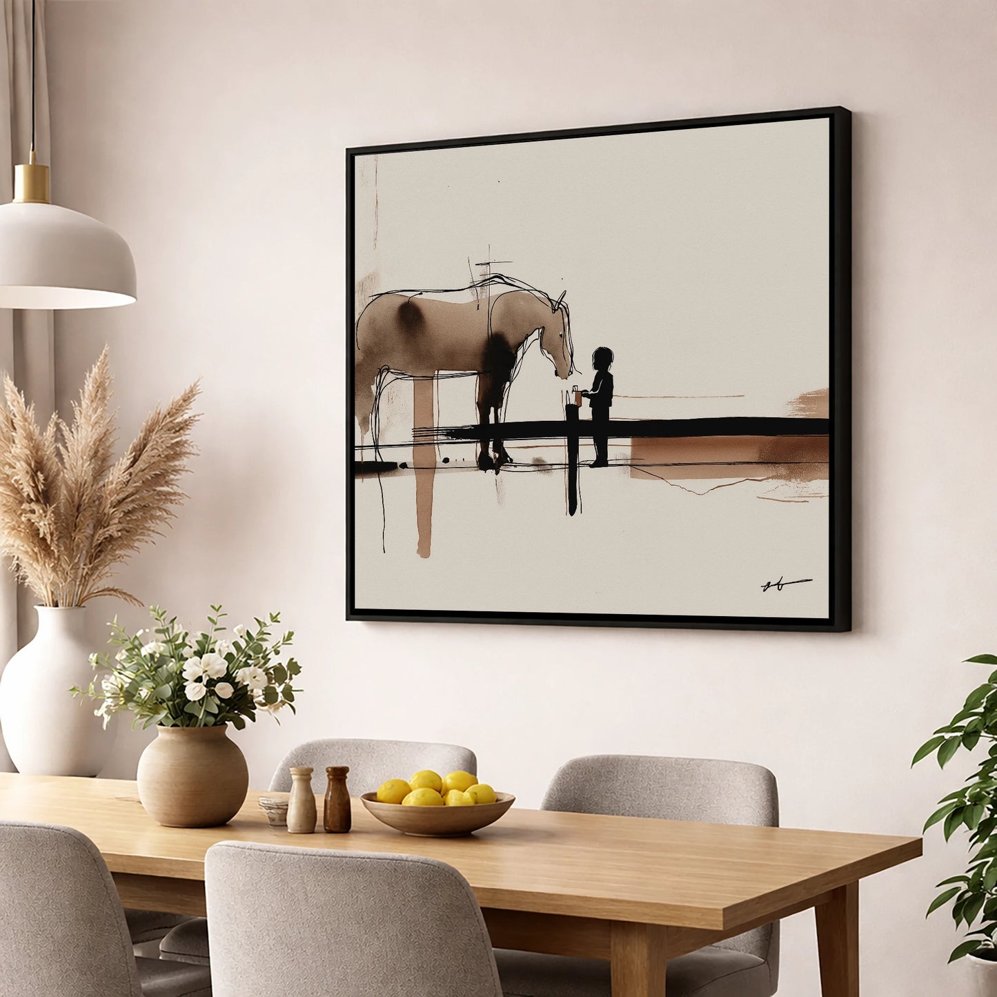 A Gentle Encounter horse & rider wall art displayed in a dining room