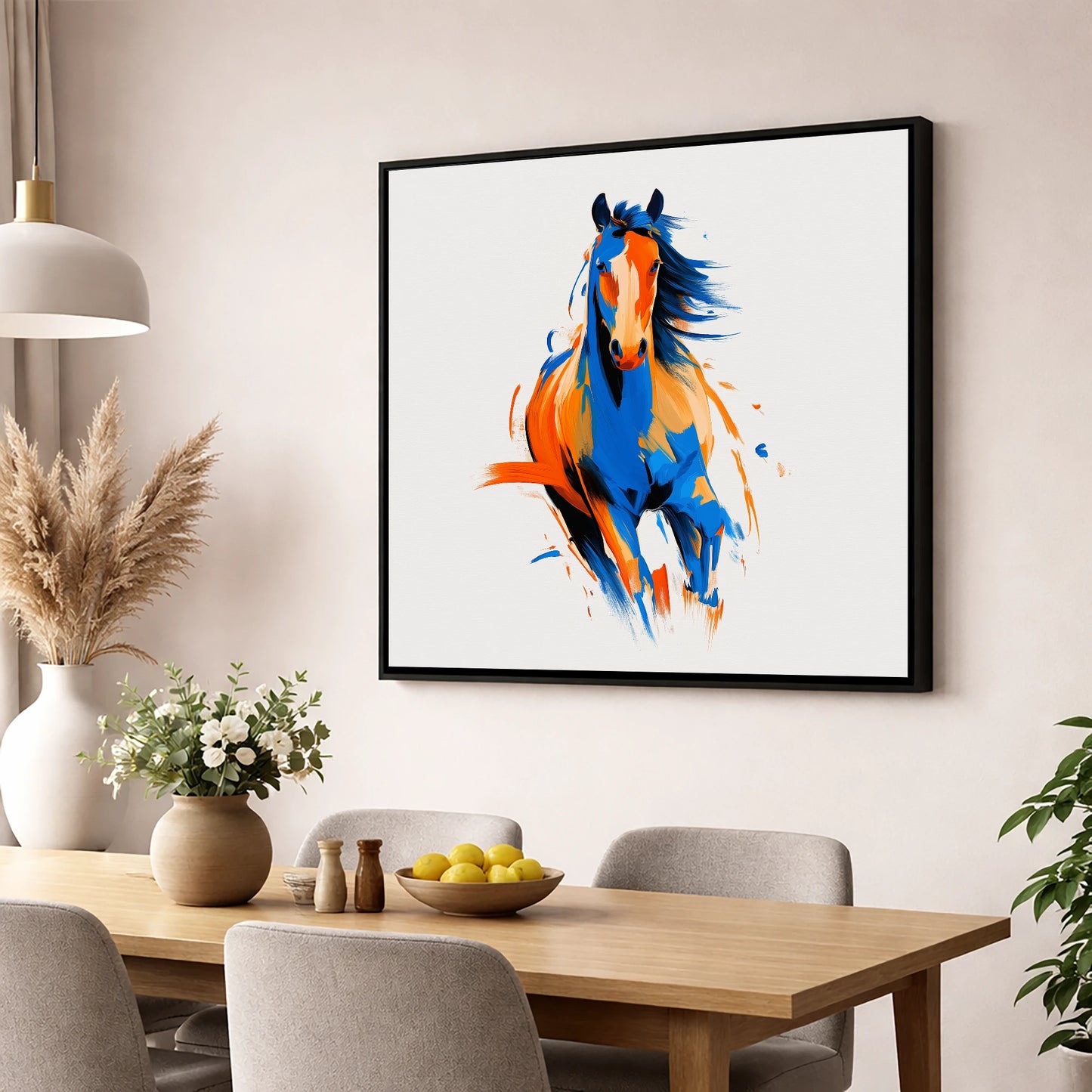 Vivid Cobalt Canter horse portrait wall art displayed in a dining room