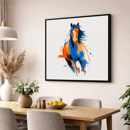 Vivid Cobalt Canter horse portrait wall art displayed in a dining room
