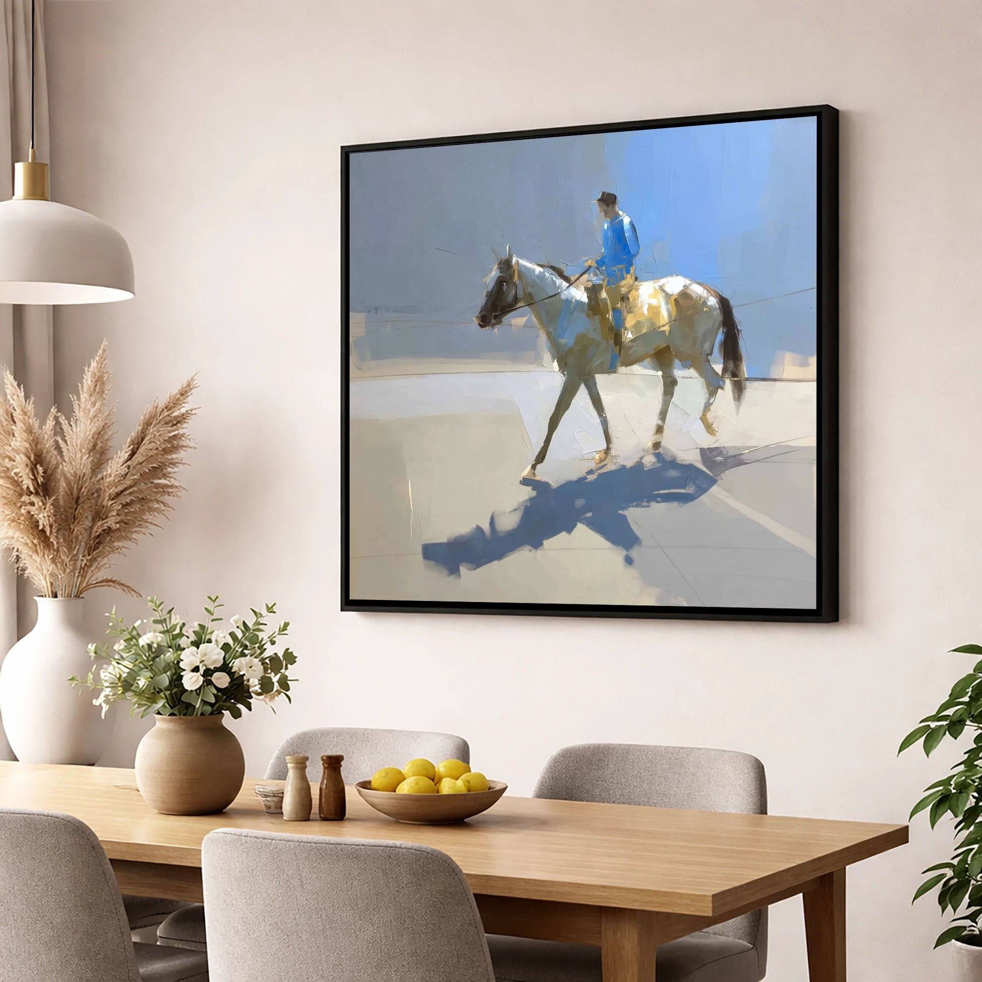 Morning in Blue Silks racing horse wall art displayed in a dining room