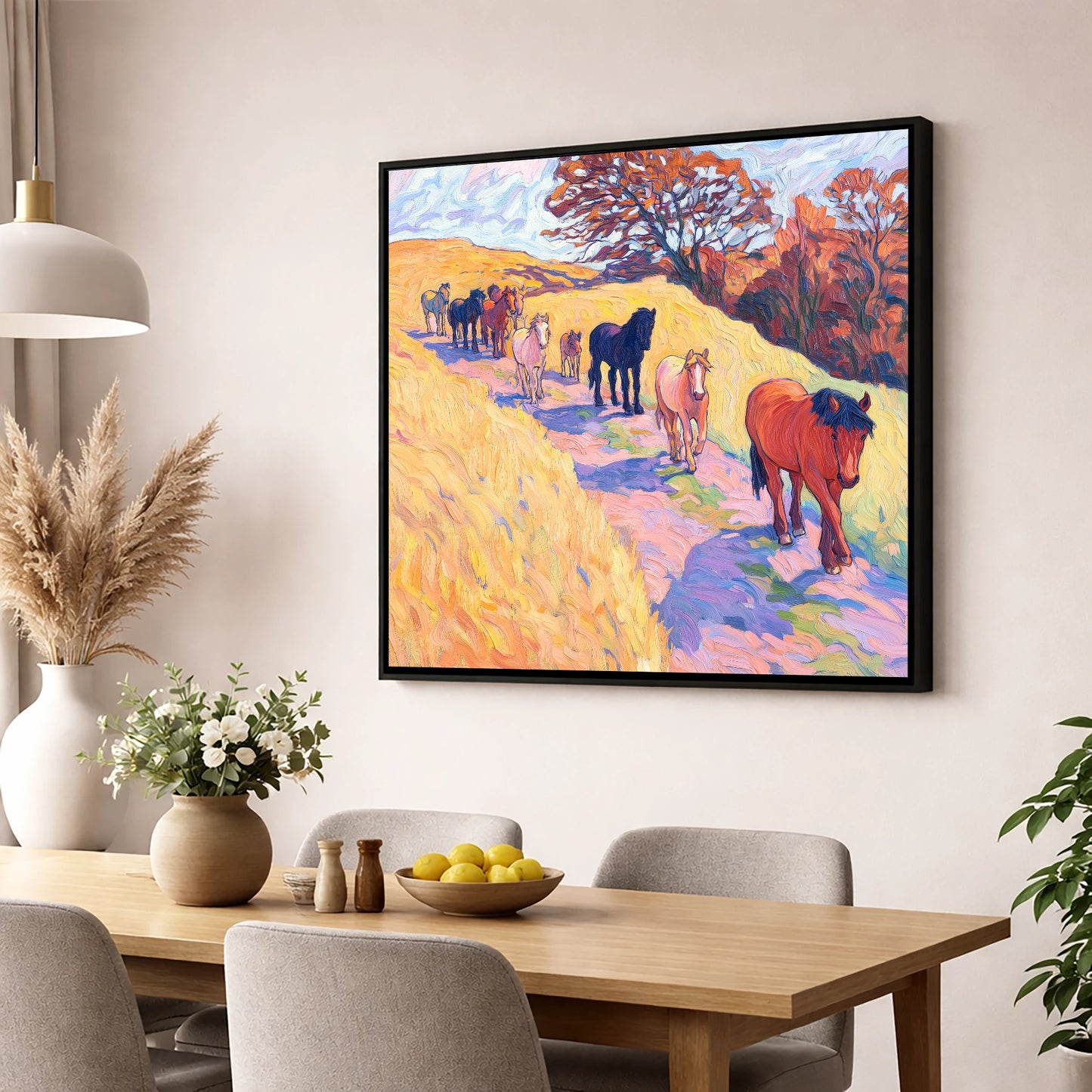 Homeward Bound Herd horse landscape wall art displayed in a dining room