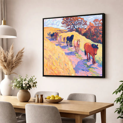 Homeward Bound Herd horse landscape wall art displayed in a dining room