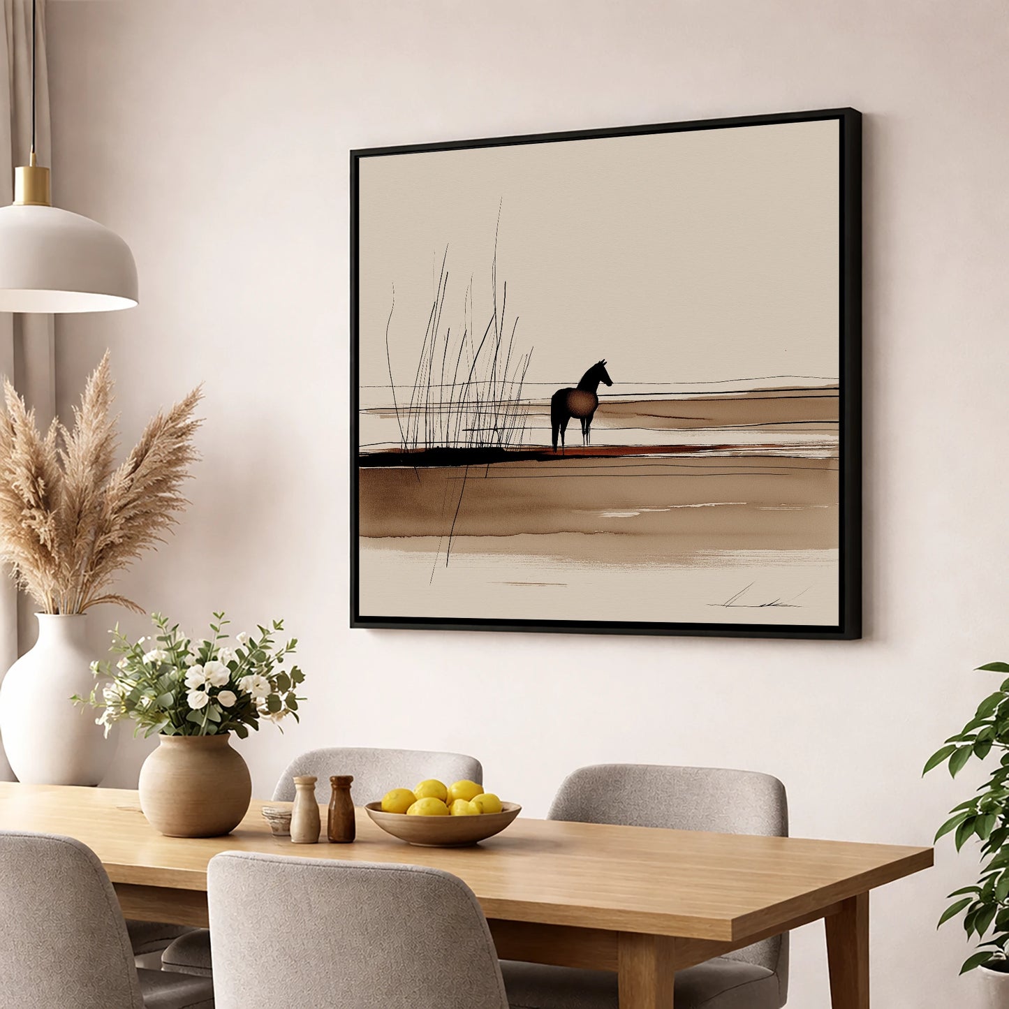 Marshland Solitude horse landscape wall art displayed in a dining room