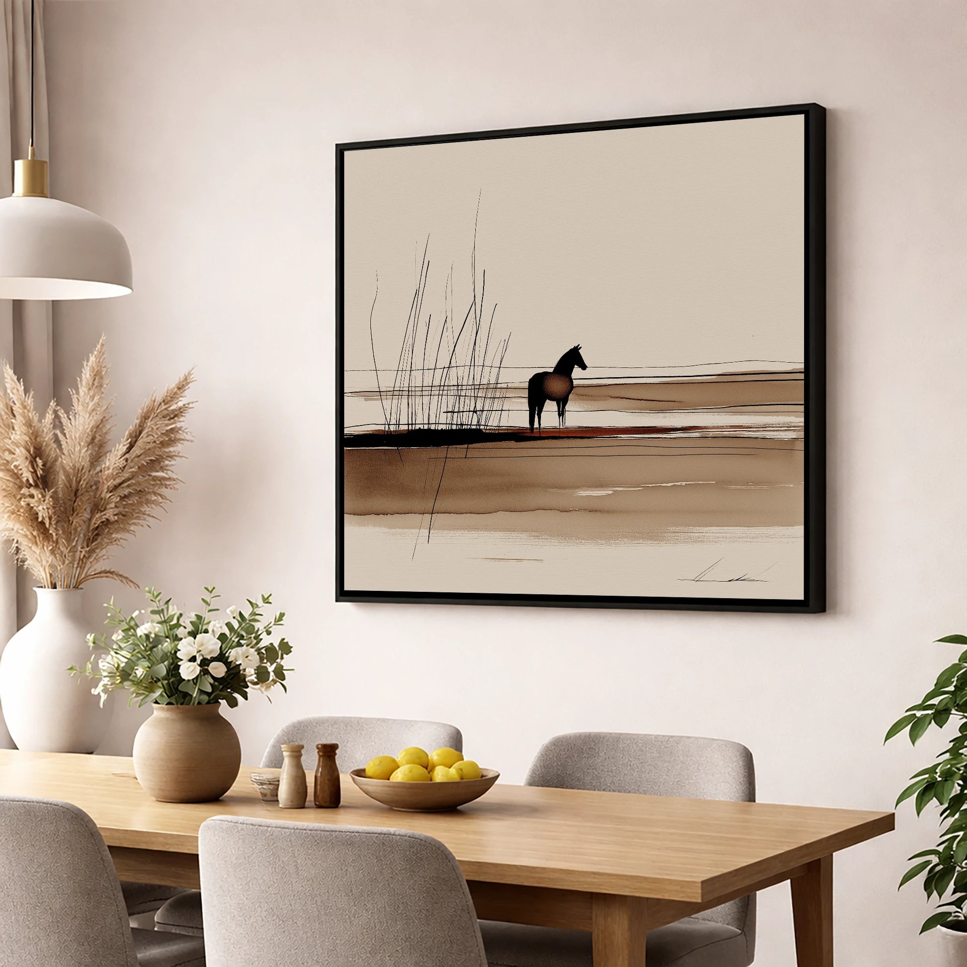 Marshland Solitude horse landscape wall art displayed in a dining room