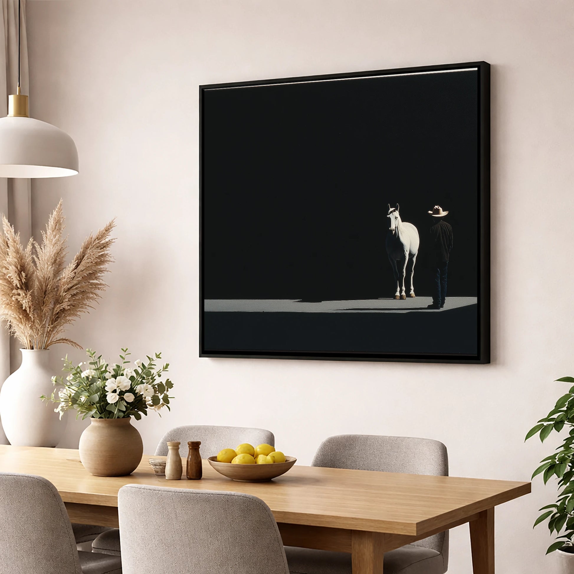Silent Western Partnership western horse wall art displayed in a dining room