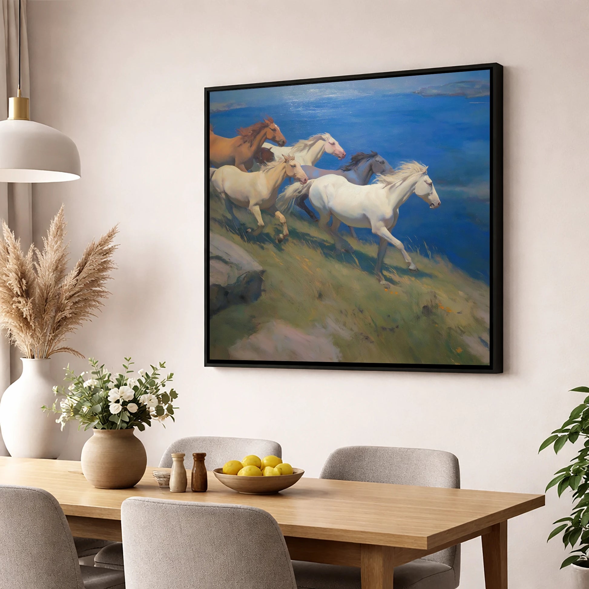 Azure Coastal Gallop wild horses wall art displayed in a dining room