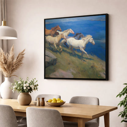 Azure Coastal Gallop wild horses wall art displayed in a dining room
