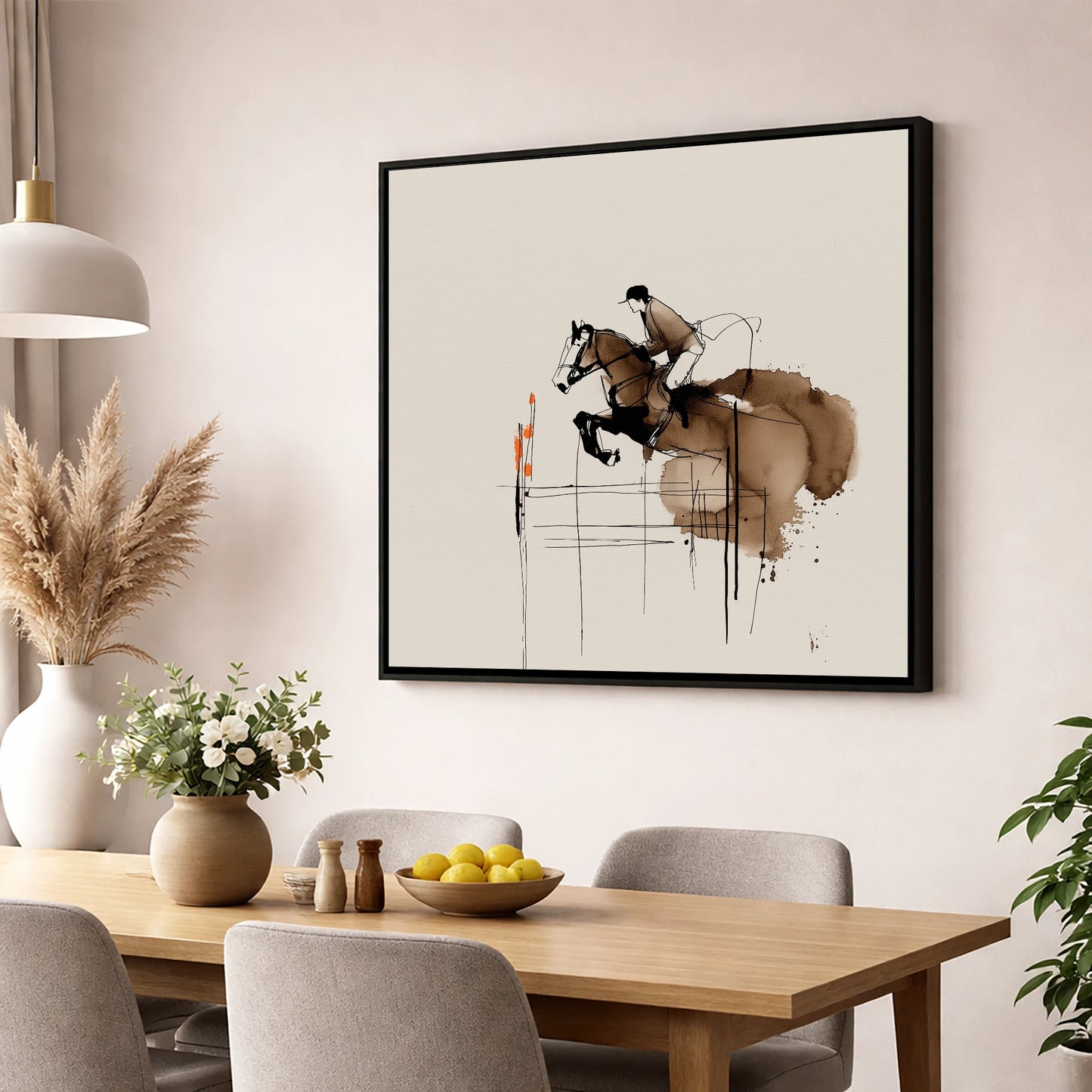 Dynamic Showjumping Flight show jumping horse wall art displayed in a dining room