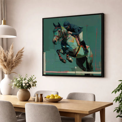 The Perfect Clearance show jumping horse wall art displayed in a dining room