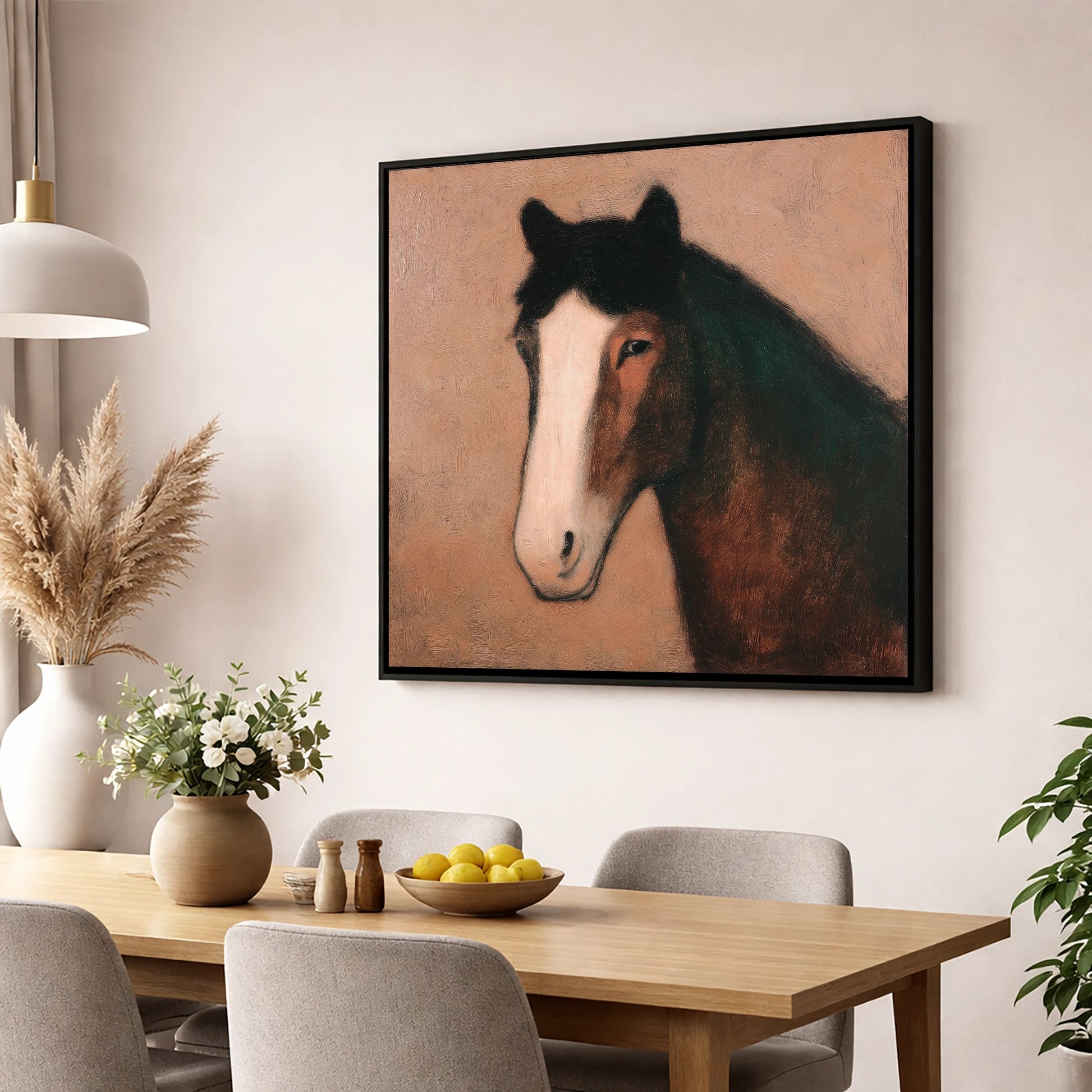 Serene Bay Portrait horse portrait wall art displayed in a dining room