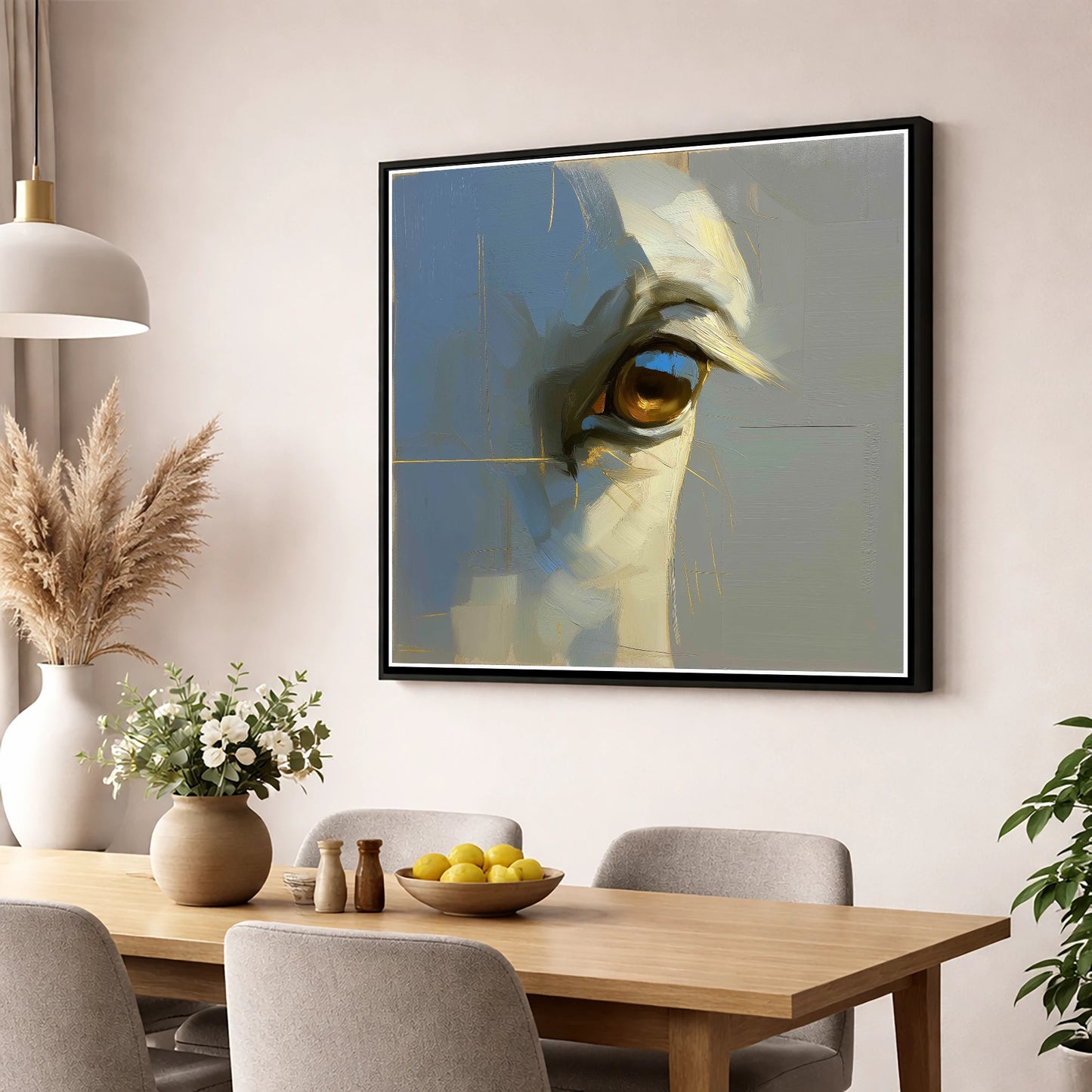 Soul of the Grey horse portrait wall art displayed in a dining room