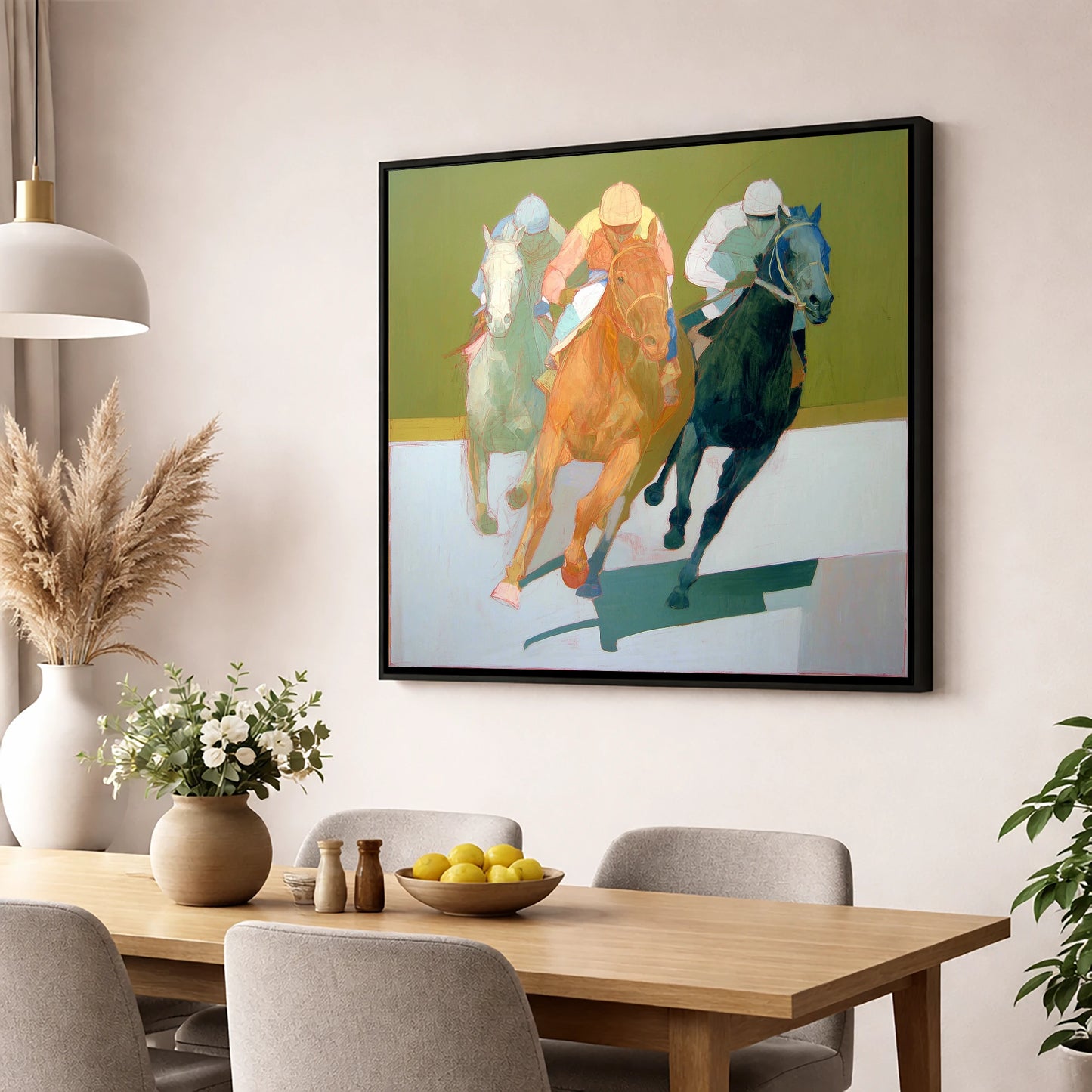 The Final Furlong racing horse wall art displayed in a dining room