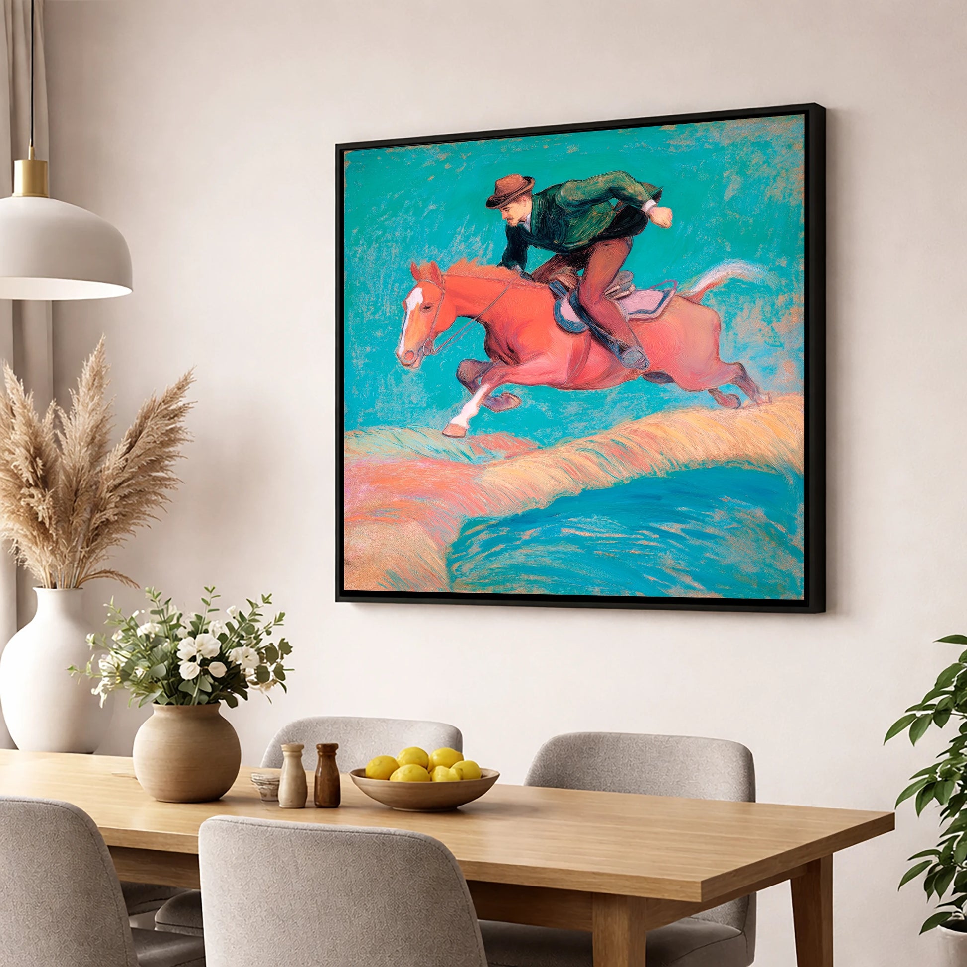 The Bold Leap show jumping horse wall art displayed in a dining room
