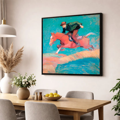 The Bold Leap show jumping horse wall art displayed in a dining room
