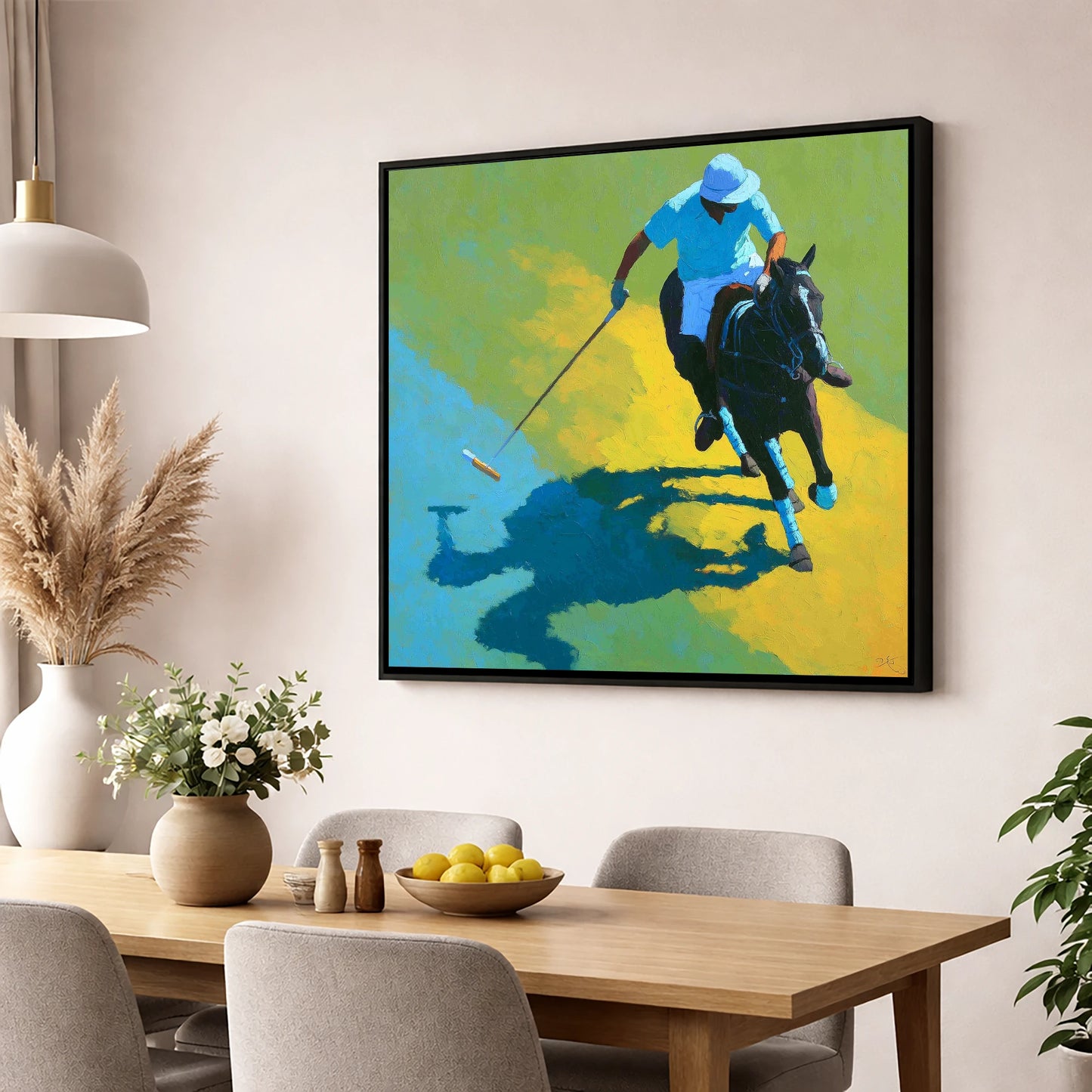 Shadows of the Chukka polo horse wall art displayed in a dining room