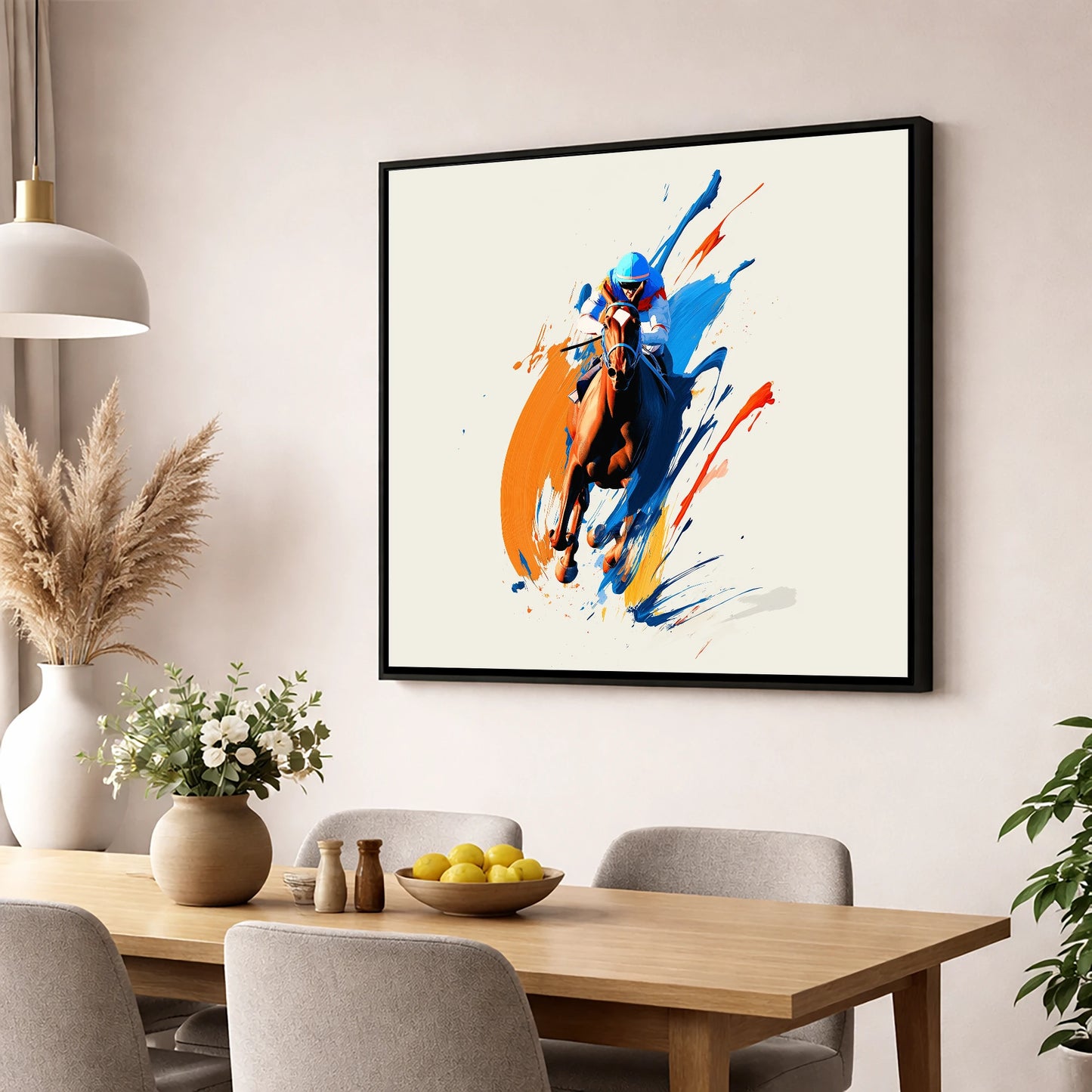 The Front Runner racing horse wall art displayed in a dining room