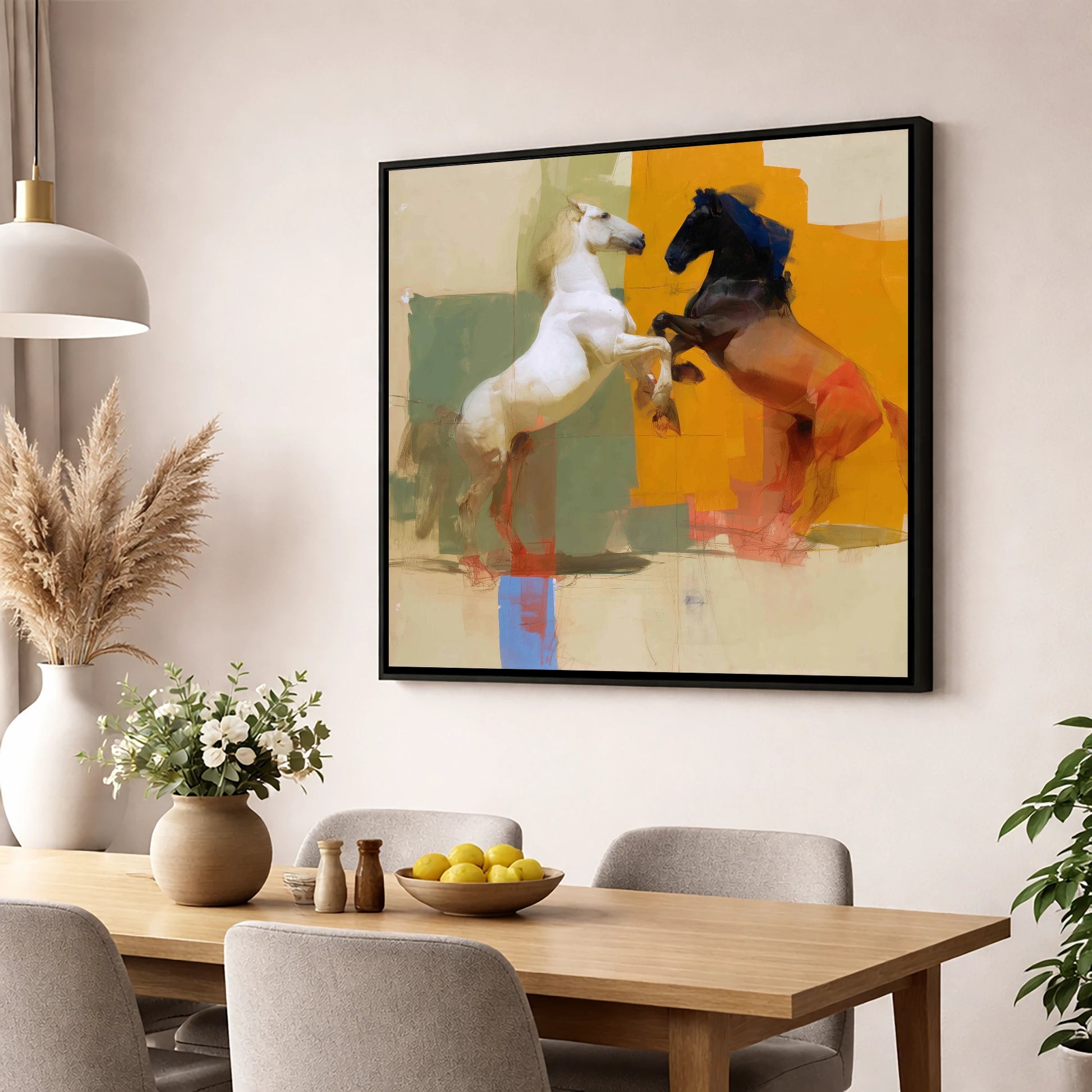 The Bold Encounter wild horses wall art displayed in a dining room