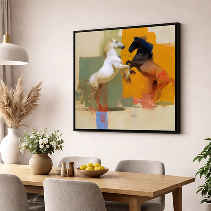The Bold Encounter wild horses wall art displayed in a dining room