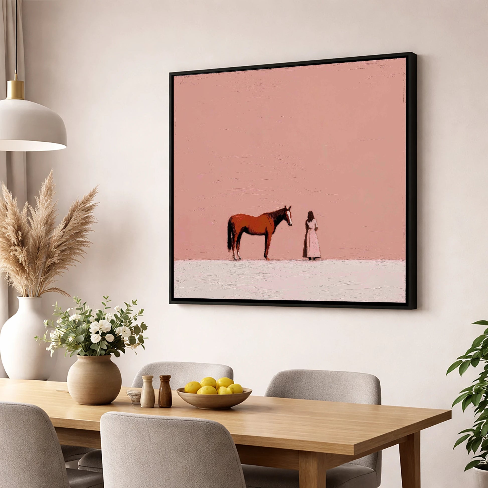 A Quiet Understanding horse & rider wall art displayed in a dining room