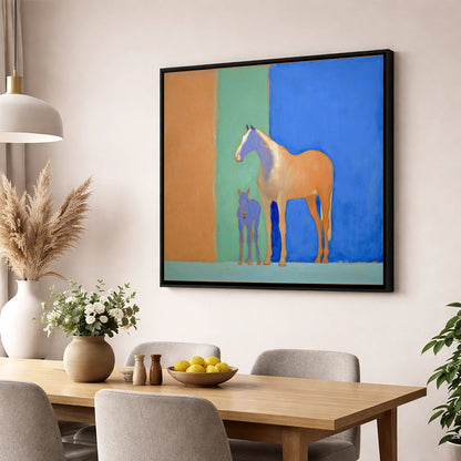 Cobalt and Sand mare & foal wall art displayed in a dining room