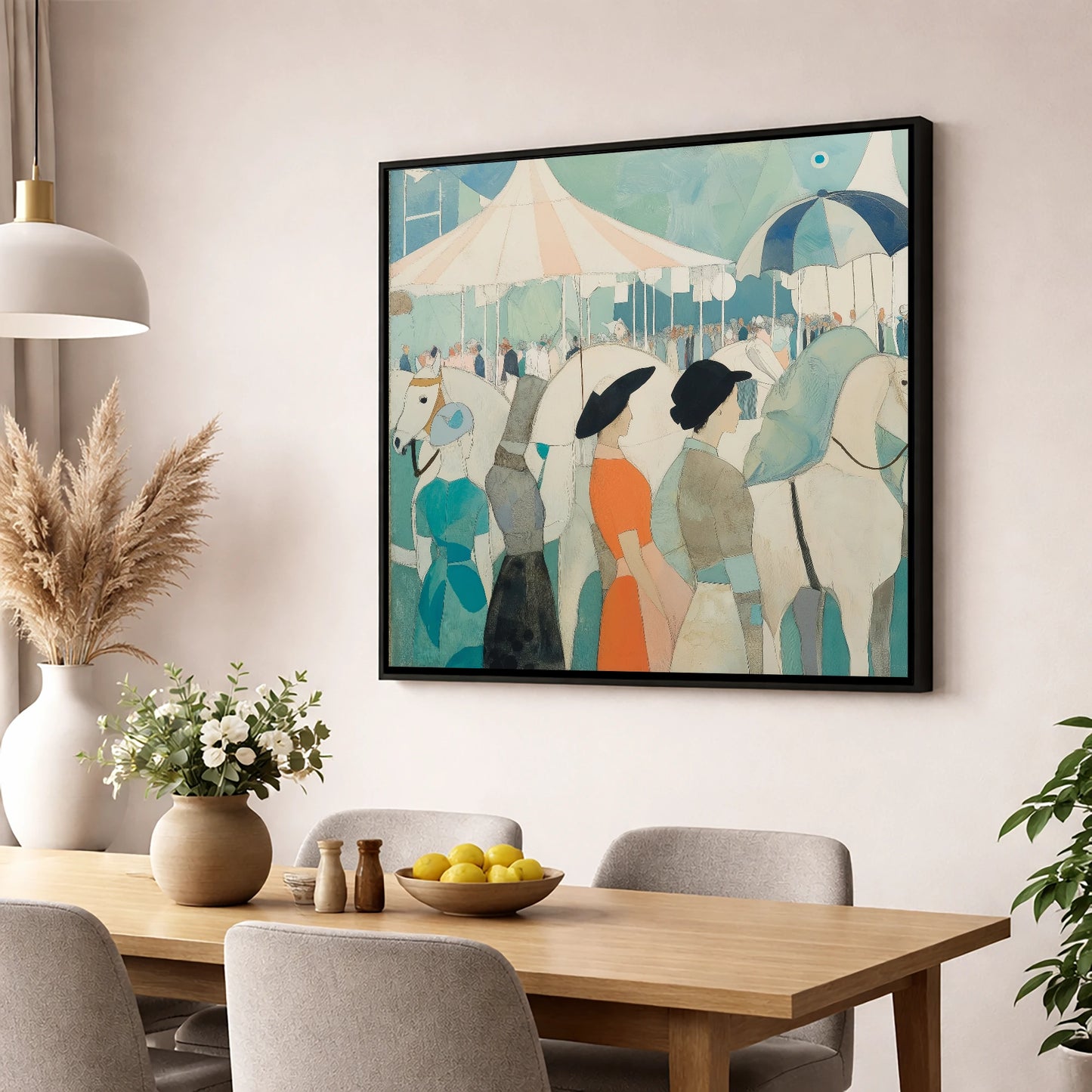 Trackside Elegance racing horse wall art displayed in a dining room