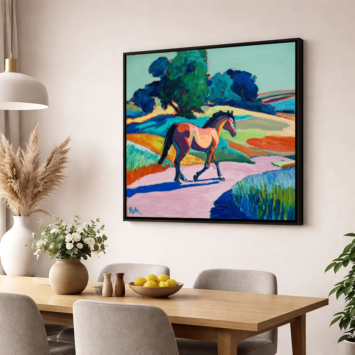 Technicolour Trot horse breed wall art displayed in a dining room