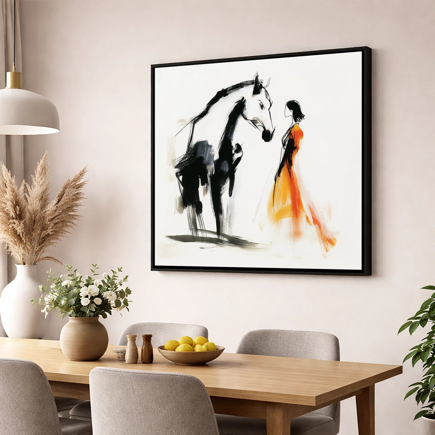 The Silent Connection horse & rider wall art displayed in a dining room