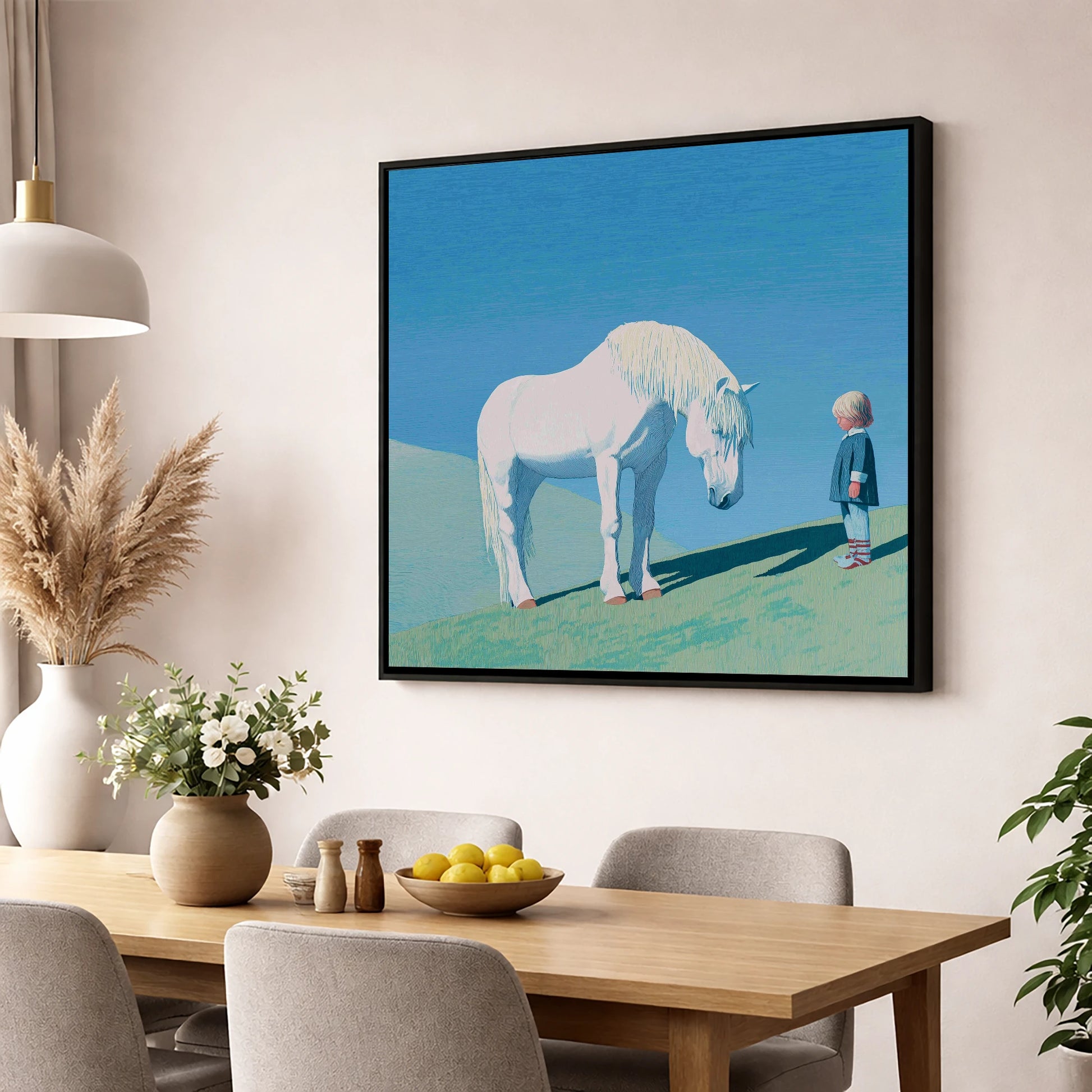 The Gentle Meeting horse & rider wall art displayed in a dining room