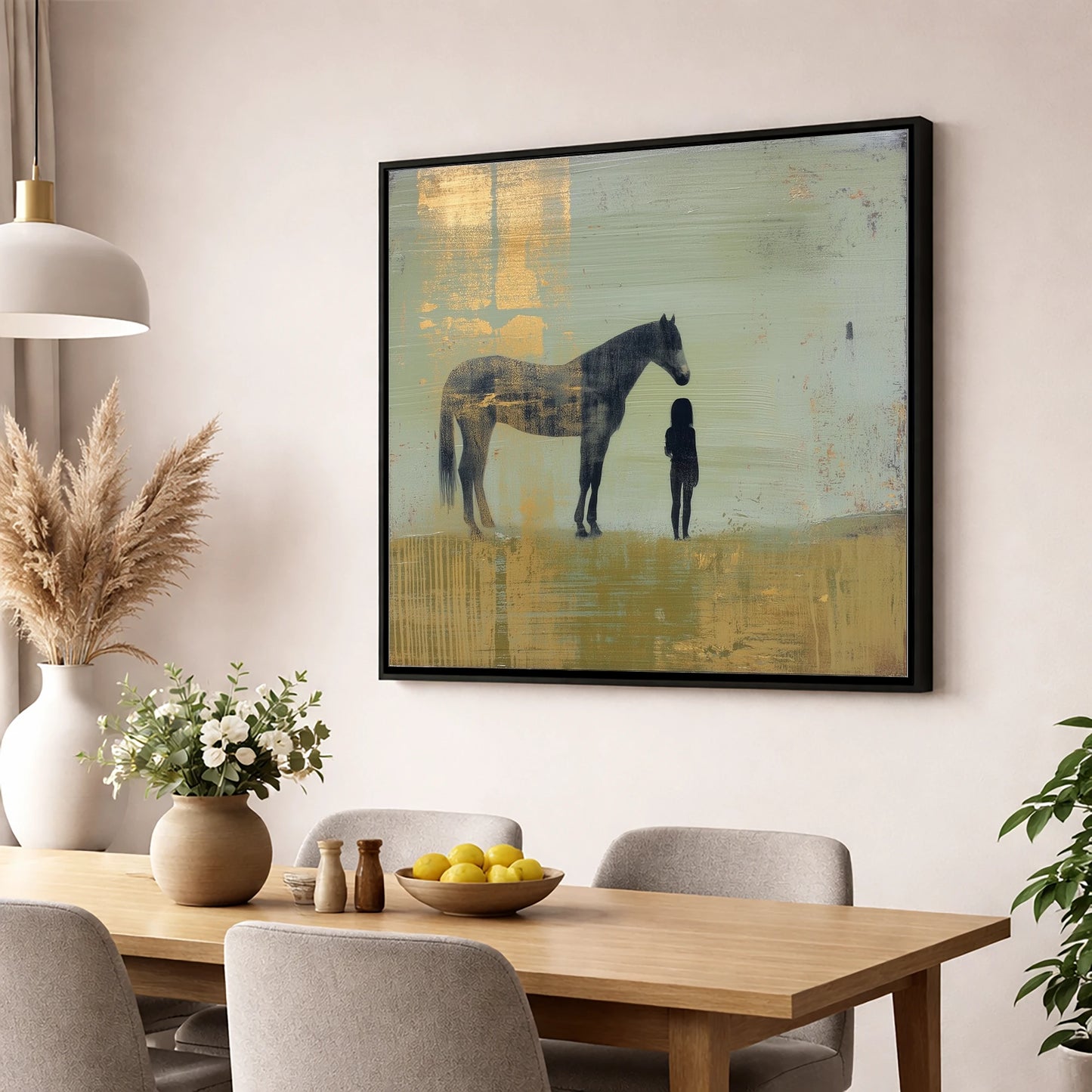 Gilded Connection horse & rider wall art displayed in a dining room
