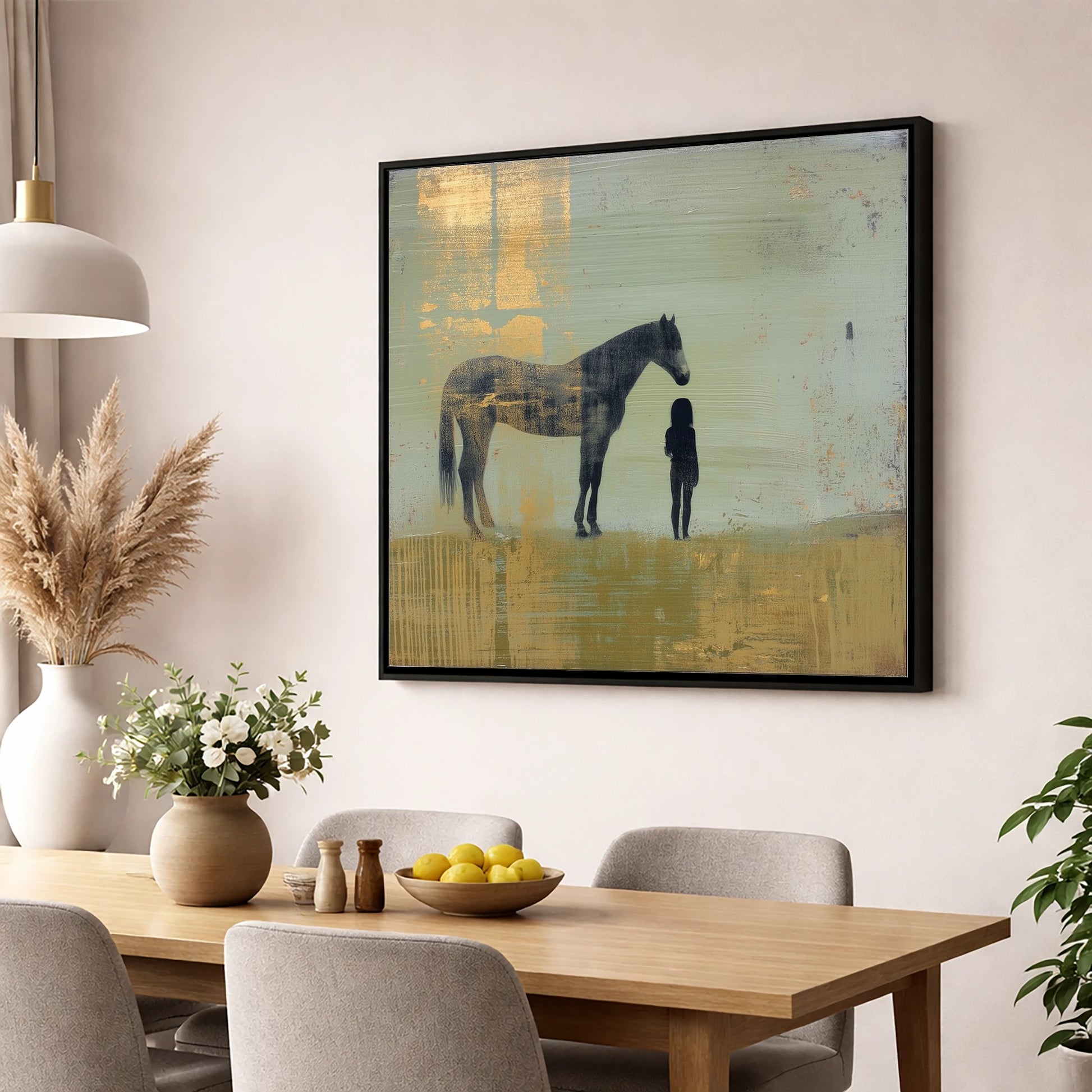 Gilded Connection horse & rider wall art displayed in a dining room