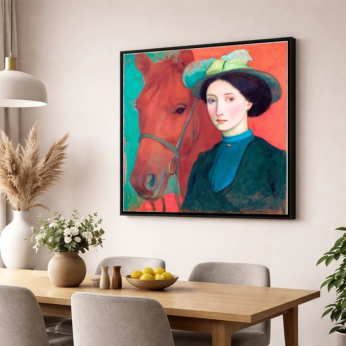 Crimson and Teal Bond horse & rider wall art displayed in a dining room