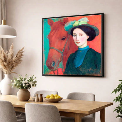 Crimson and Teal Bond horse & rider wall art displayed in a dining room