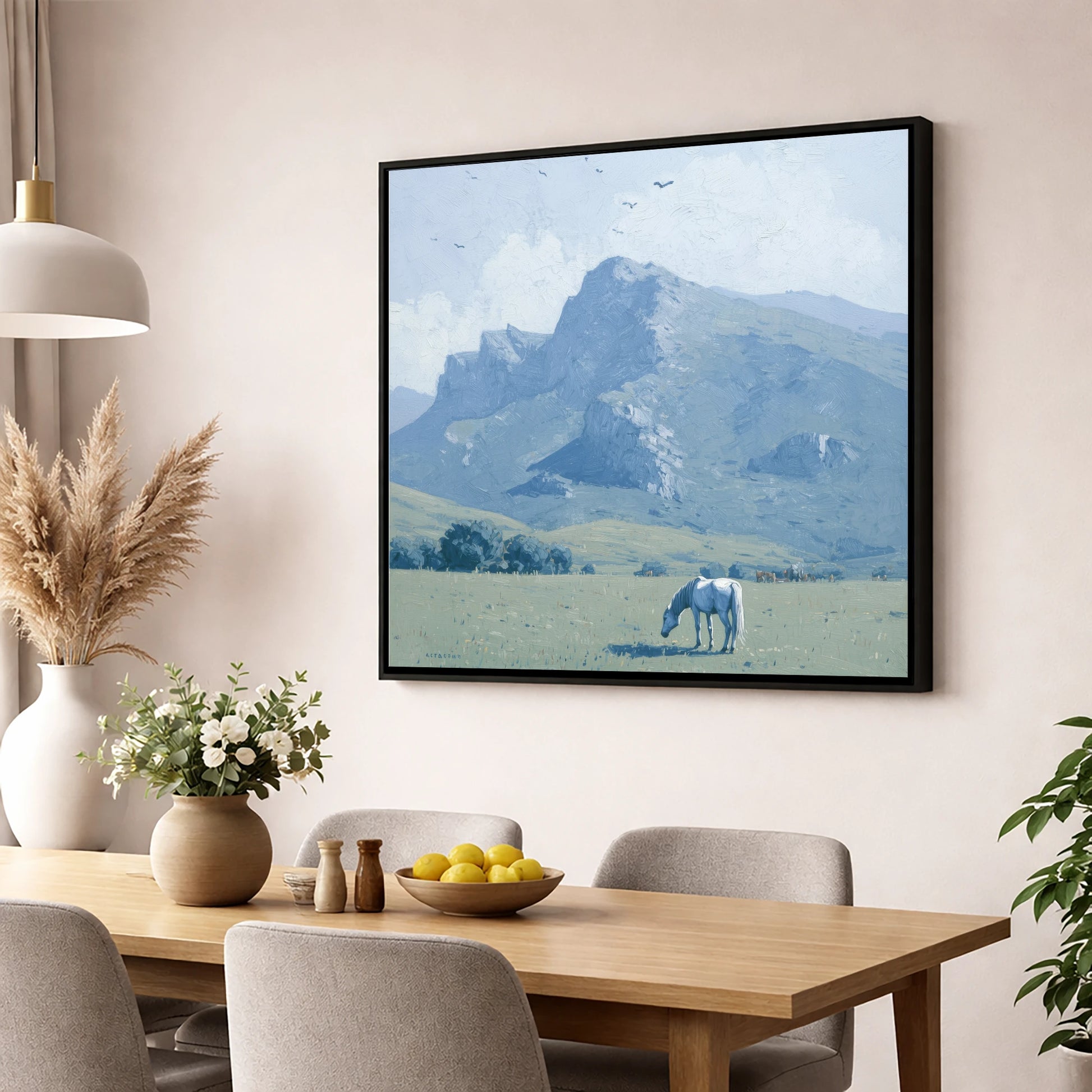 Solitude Beneath the Peak horse landscape wall art displayed in a dining room