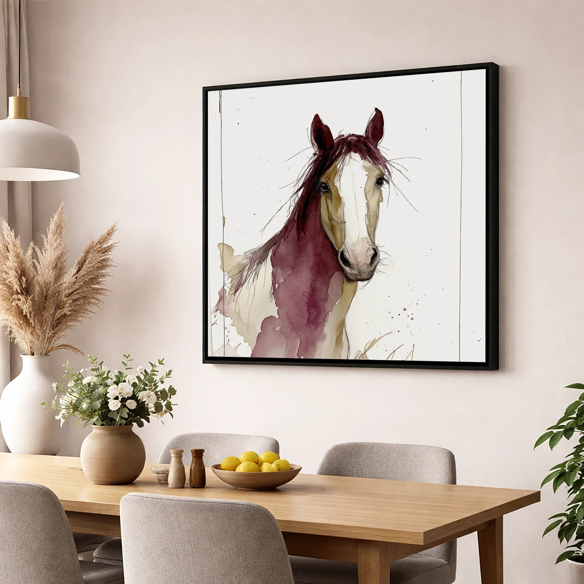 Plum Wash Equine Portrait horse portrait wall art displayed in a dining room