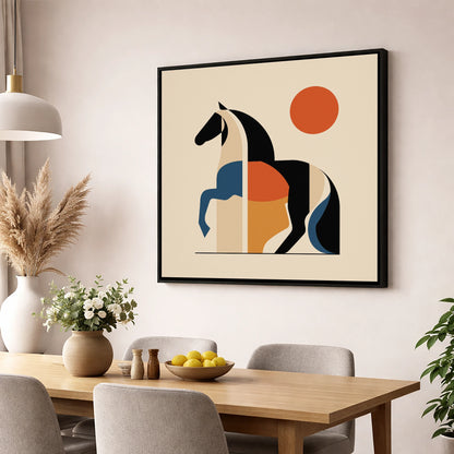 Mid-Century Equine Geometry horse portrait wall art displayed in a dining room