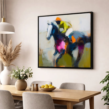 Bold Momentum racing horse wall art displayed in a dining room