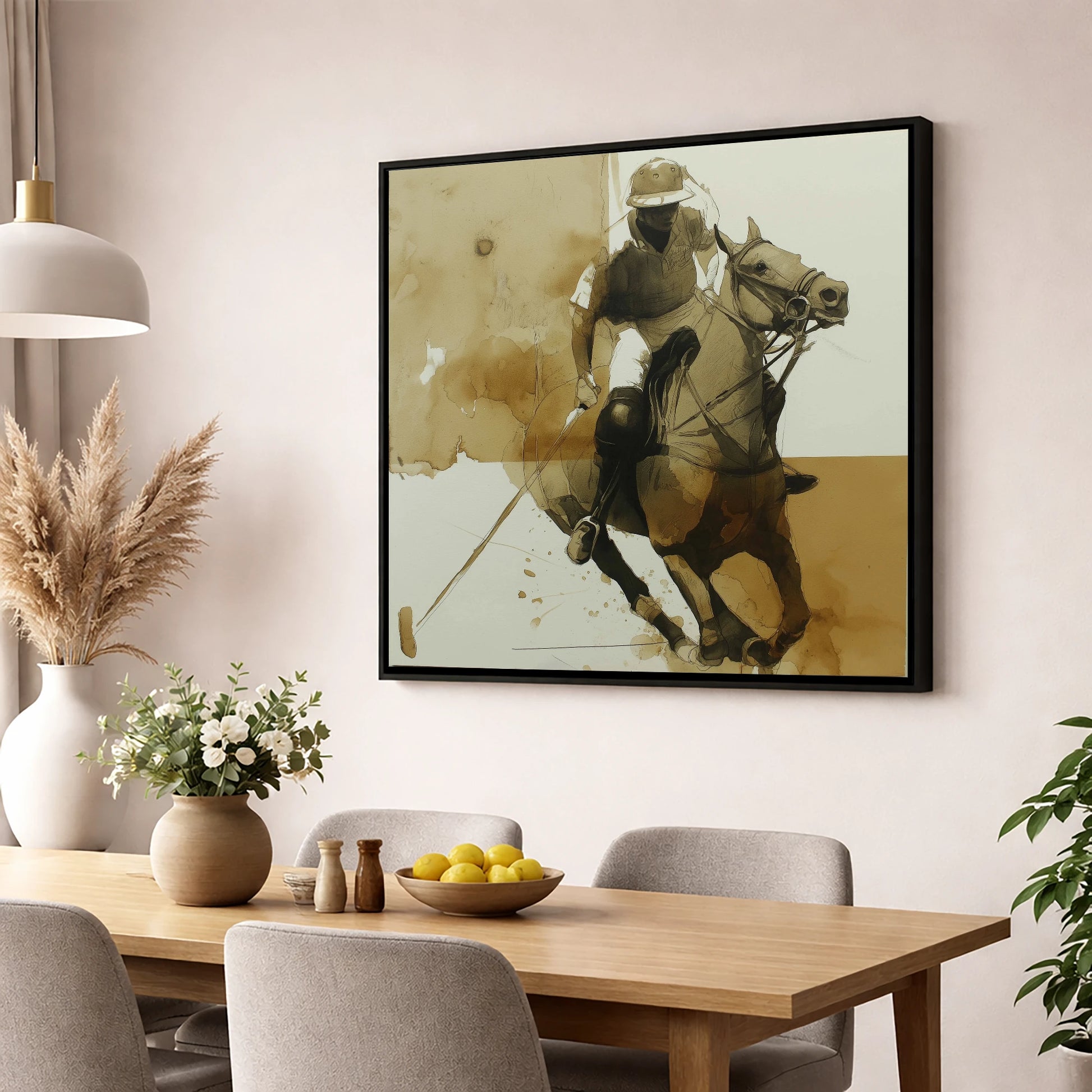 Sepia Polo Pursuit polo horse wall art displayed in a dining room