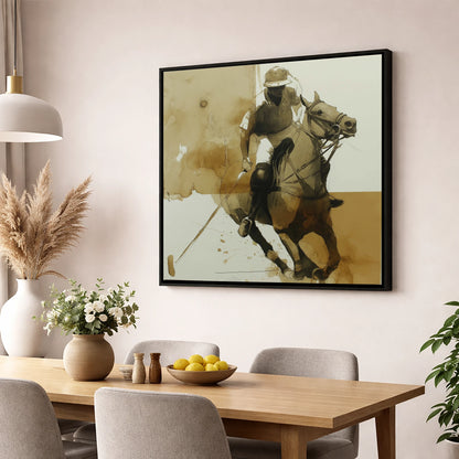 Sepia Polo Pursuit polo horse wall art displayed in a dining room