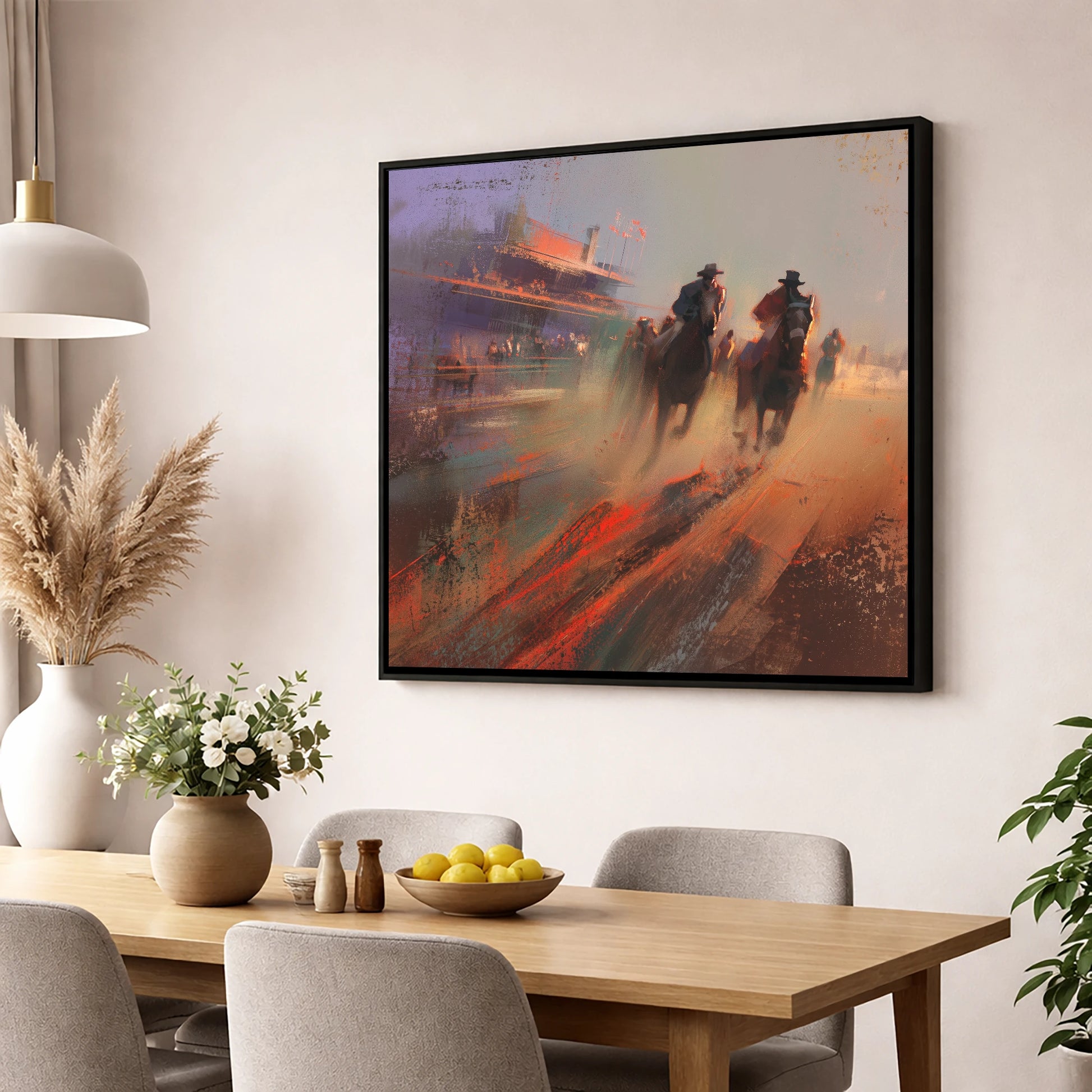 Thunder on the Track racing horse wall art displayed in a dining room