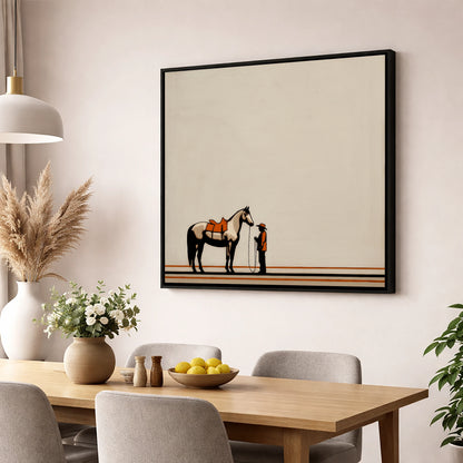 The Quiet Companion horse & rider wall art displayed in a dining room