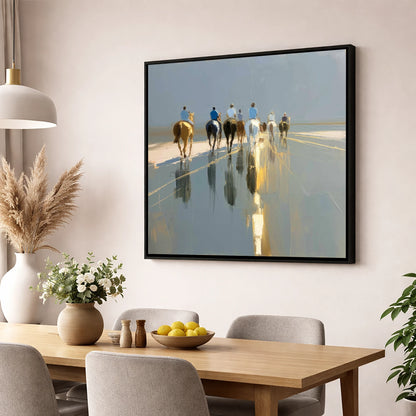 The Morning String racing horse wall art displayed in a dining room
