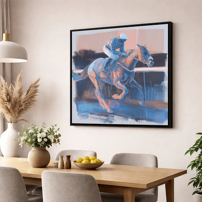 Cobalt Stride racing horse wall art displayed in a dining room