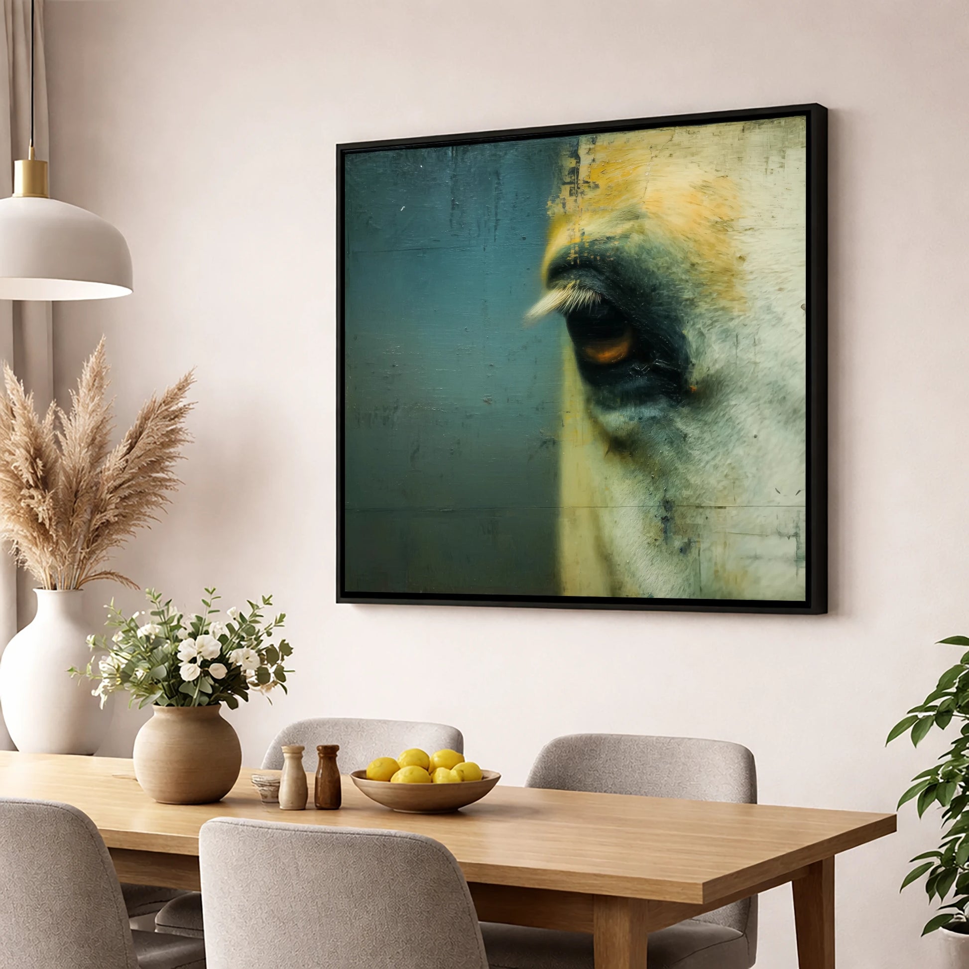 Ochre and Slate Gaze horse portrait wall art displayed in a dining room