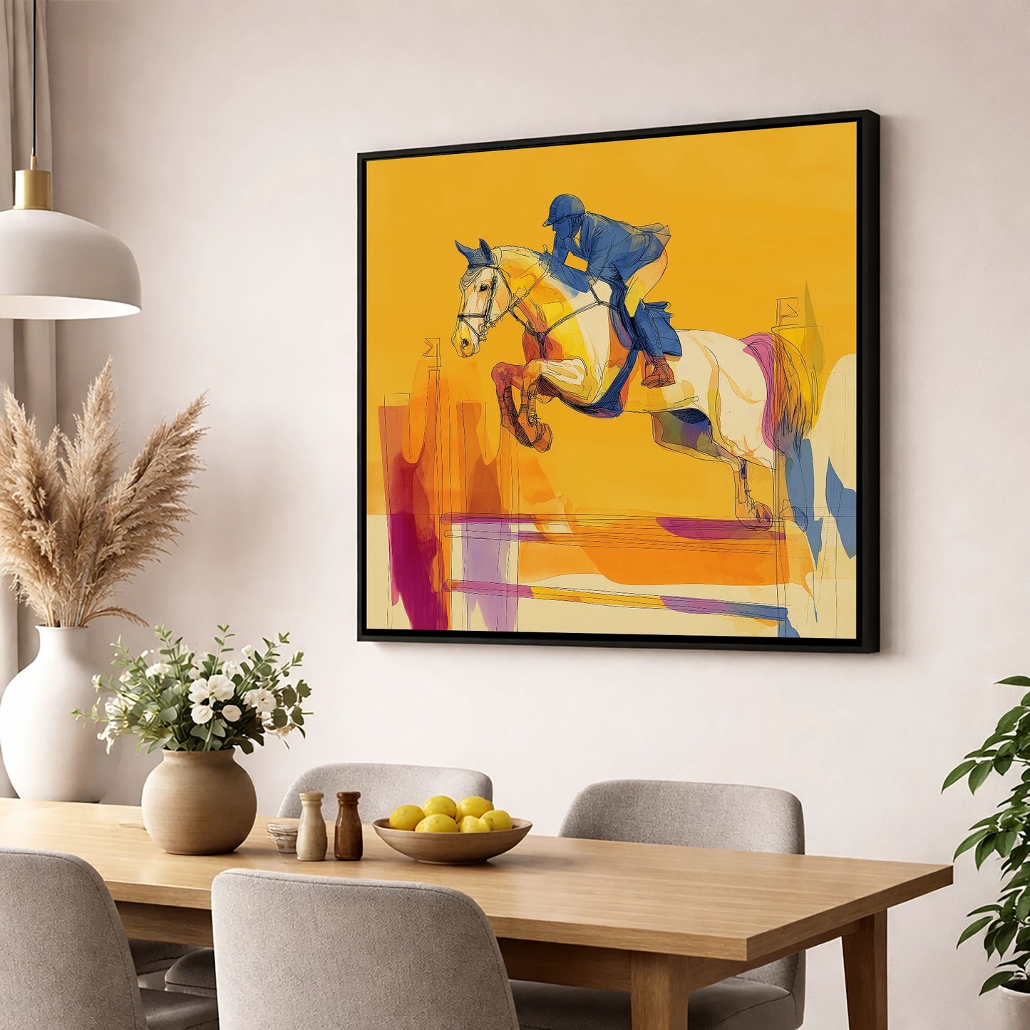 Flight In Gold show jumping horse wall art displayed in a dining room