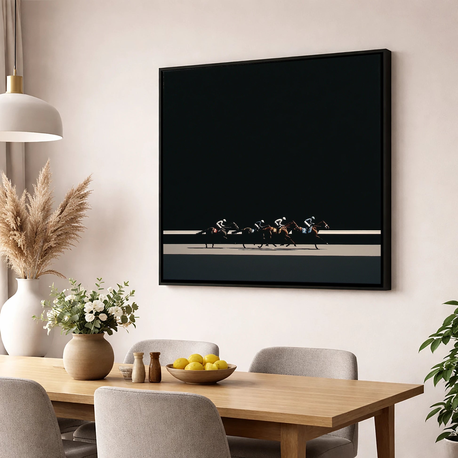 The Midnight Gallop racing horse wall art displayed in a dining room
