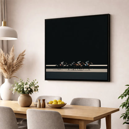 The Midnight Gallop racing horse wall art displayed in a dining room