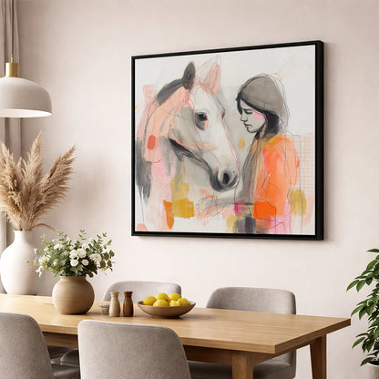 Unspoken Bond horse & rider wall art displayed in a dining room