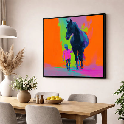 The Brightest Bond horse & rider wall art displayed in a dining room